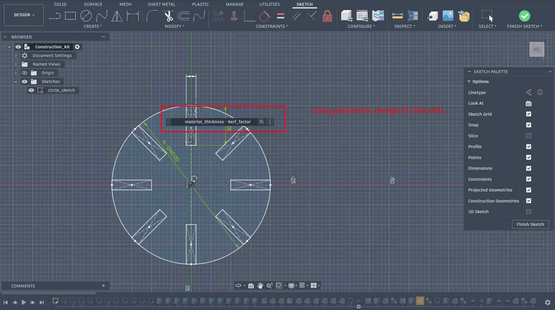 Fusion 360 parameters table for kerf and thickness